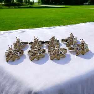 Napkin Rings, 8 Shiny Silver Metal Bees, 2” x 1 1/2”, Fun Addition to a Table!